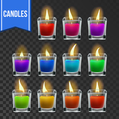 Canvas Print - Candles Set Vector. Glass Jar. Christmas Lighter. Wax Design. Romantic Object. Transparent Background. Isolated Realistic Illustration