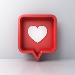 Fototapete - 3d social media notification love like heart icon in red rounded square pin isolated on white wall background with shadow and reflection 3D rendering