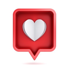 Fototapete - 3d social media notification love like paper folding heart icon in red rounded square box pin isolated on white background with shadow 3D rendering