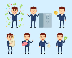 Wall Mural - Set of businessman in blue suit posing with money. Cheerful man holding piggy bank, money bag, golden coin and showing other actions. Flat style vector illustration