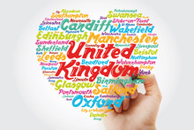 List Of Cities And Towns In The United Kingdom Composed In Love Sign Heart Shape, Word Cloud Collage With Marker, Business And Travel Concept Background