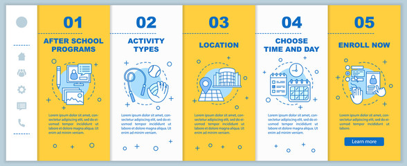 After school education onboarding mobile web pages vector template