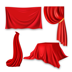 Red Silk Cloth Set Vector. Fabric Cloth Waving Shape. For Presentation. Banner, Stage, Cloak, Curtain. Velvet Theater Or Cinema Luxury Textile Drapery. 3D Realistic Element Isolated Illustration
