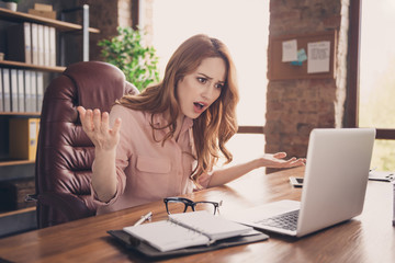 Close up photo beautiful she her business lady hand arm gesturing not agree many plenty moments partnership tell speak skype notebook table cozy sit office chair wearing specs shirt formal wear