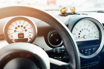 Poster - Modern car Interior - steering wheel, shift lever and dashboard.