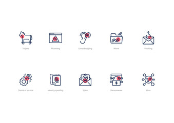 Fototapete - Set of stroke computer virus icons with red accent isolated on light background. Contains such icons Trojans, Spam, Phishing, Denial of service and more.