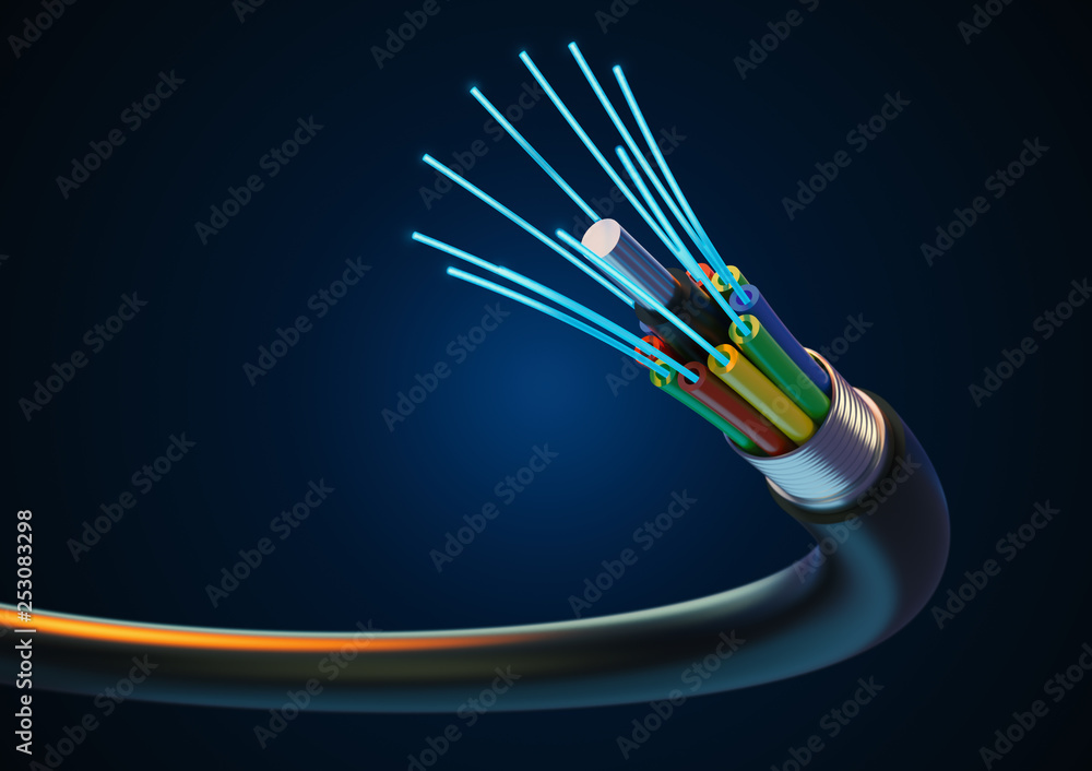 Fiber Optic future Cable technology on dark Background. - obrazy, fototapety, plakaty 