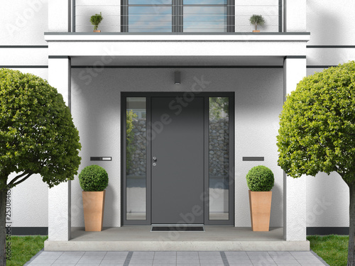 Fotografía house facade with entrance portal, balcony, pillars and front door - 3D renderin