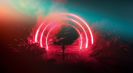 Space futuristic landscape. Fiery meteorites, sparks, smoke, light arches. Dark background with light element in the center. Silhouette of a man, a reflection of neon lights.  3d rendering.