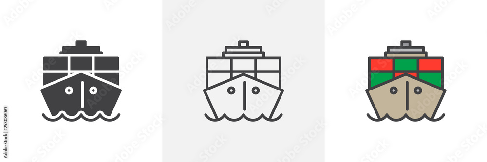 Container, cargo ship icon. Line, glyph and filled outline colorful version, Ship boat outline and filled vector sign. Symbol, logo illustration. Different style icons set. Pixel perfect vector  - obrazy, fototapety, plakaty 