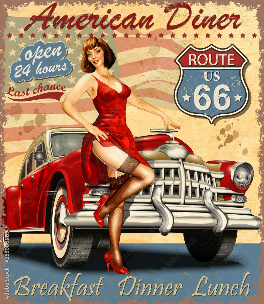 American Diner Vintage Poster With Retro Car And Pin Up Girl Wall Mural-Марина  Ахадова