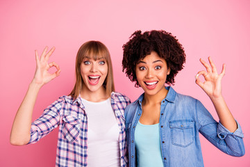 Canvas Print - Close up photo two cheer diversity she her ladies different race advising buy buyer approving new product okey symbol wear casual jeans denim checkered shirt clothes outfit isolated pink background