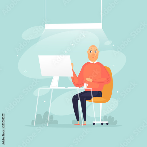 Man Sits At A Computer Office Life Businessman Programmer