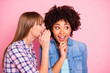 Close-up portrait of her she two person nice cute girlish lovely attractive charming cheerful girls wearing casual sharing rumour conspiracy message isolated over pink pastel background