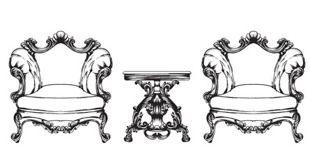 Wall Mural - Baroque furniture armchairs and table. Royal style decotations. Victorian ornaments engraved. Imperial furniture decor. Vector illustrations line arts