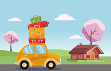 Spring Road Trip On Small Retro Yellow Car With Colorful Suitcases On The Roof. Spring Landscape With Blooming Trees And A Wooden House On The Background. Flat Cartoon Vector Illustration.