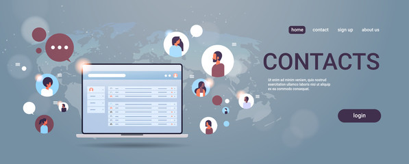 contact list of mix race people social network communication concept laptop select contacts screen chatting messaging computer application world map background horizontal