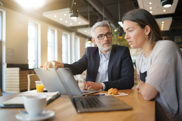 Wall Mural - Salesman and manager working on computers during informal business meeting