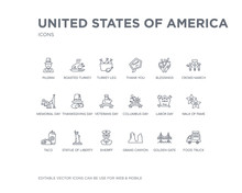 Simple Set Of United States Of America Vector Line Icons. Contains Such Icons As Food Truck, Golden Gate, Grand Canyon, Sheriff, Statue Of Liberty, Taco, Walk Fame, Labor Day, Columbus Day And More.