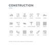 simple set of construction vector line icons. contains such icons as toolbox, plier, paint bucket, birck wall, beam, screws, parquet, paving, hydraulic breaker and more. editable pixel perfect.
