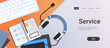 © mast3r - call center manager workplace support service concept top angle view desktop with headphones organizer notepad keyboard office stuff horizontal copy space