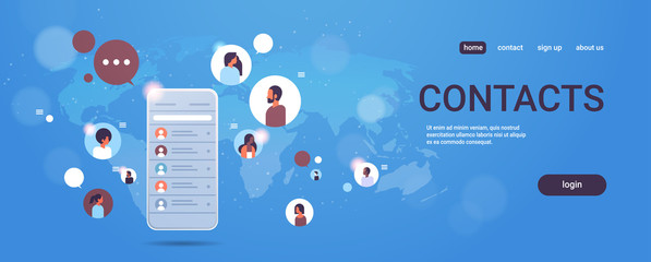 contact list of mix race people social network communication concept smartphone select contacts screen chatting messaging mobile application world map background horizontal