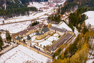 Wall Mural - Medieval romanian monastery, aerial view