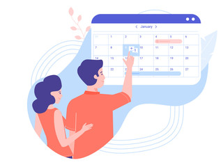 A young couple is recorded on a consultation with a doctor. Online calendar, health care, pregnancy planning. Vector illustration on a medical theme.