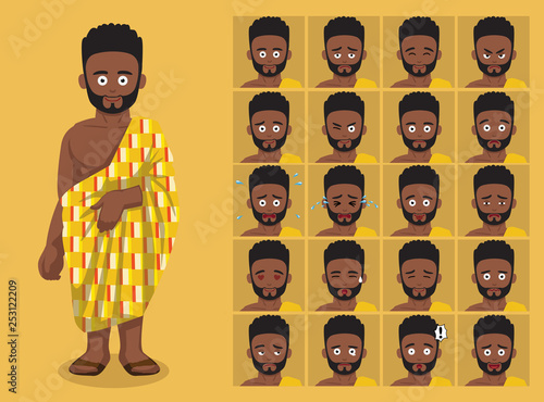 African Tribe Clothes Traditional Male Ashanti Cartoon Emoticon Faces Vector ...