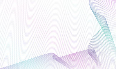 Draped net pattern on ripple thin curves. Abstract vector colored waves. Guilloche art line design, purple, turquoise gradient. White background. Dynamic composition, copy space. EPS10 illustration