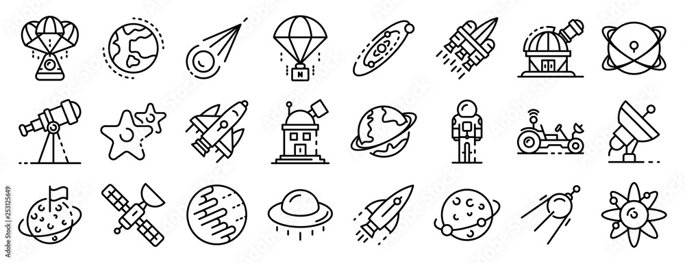 Space research technology icons set. Outline set of space research technology vector icons for web design isolated on white background - obrazy, fototapety, plakaty 