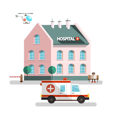 Wall Mural - Hospital Building with Ambulance Car, Helicopter and Man Reading Newspapers. Vector Urban Landscape.