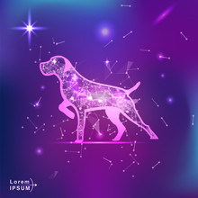 Dog. Polygonal Wireframe Dog Silhouette On Gradient Background. Space, Futuristic, Zodiac Concept. Shine Neon Style Vector Illustration