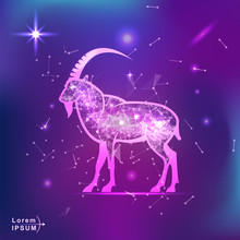 Goat. Polygonal Wireframe Goat Silhouette On Gradient Background. Space, Futuristic, Zodiac Concept. Shine Neon Style Vector Illustration
