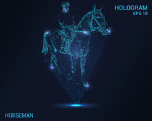 Horseman Hologram. Digital And Technological Background. The Rider On The Horse.