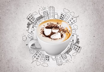 Wall Mural - Cup of aromatic coffee with foam in shape of heart