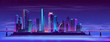 Modern metropolis cartoon vector night urban background in neon colors. Futuristic architecture illuminated skyscrapers, city district on artificial island connected with coast by bridge illustration