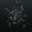 Vector shards of broken glass. Shattered glass pieces isolated on black background. Abstract explosion