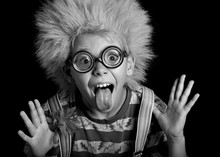 Wacky, Zany , Nutty Child .clown ,boy In Clown Wig, Suspenders  And Crazy Glasses
