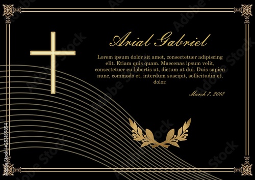 Funeral announcement in luxurious design. Filigree golden embossed