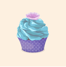 Sweet Colorful Dessert On A Light Background. Vintage Illustration. Turquoise Cream Cake With Flower In Purple Polka Dot Wrapping, Vector