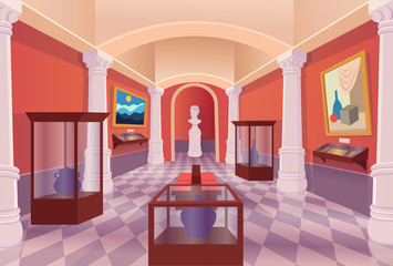 Museum art gallery vector cartoon interior. 