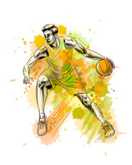 Wall Mural - Abstract basketball player with ball from a splash of watercolor