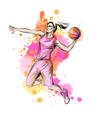 Wall Mural - Abstract basketball player with ball from a splash of watercolor