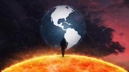 Wall Mural - Person walks alone on conceptual sun planet with earth globe cyberspace background. 