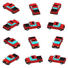 Animation of the rotation pickup truck in isometric view. Cartoon red pickup in 12 types.