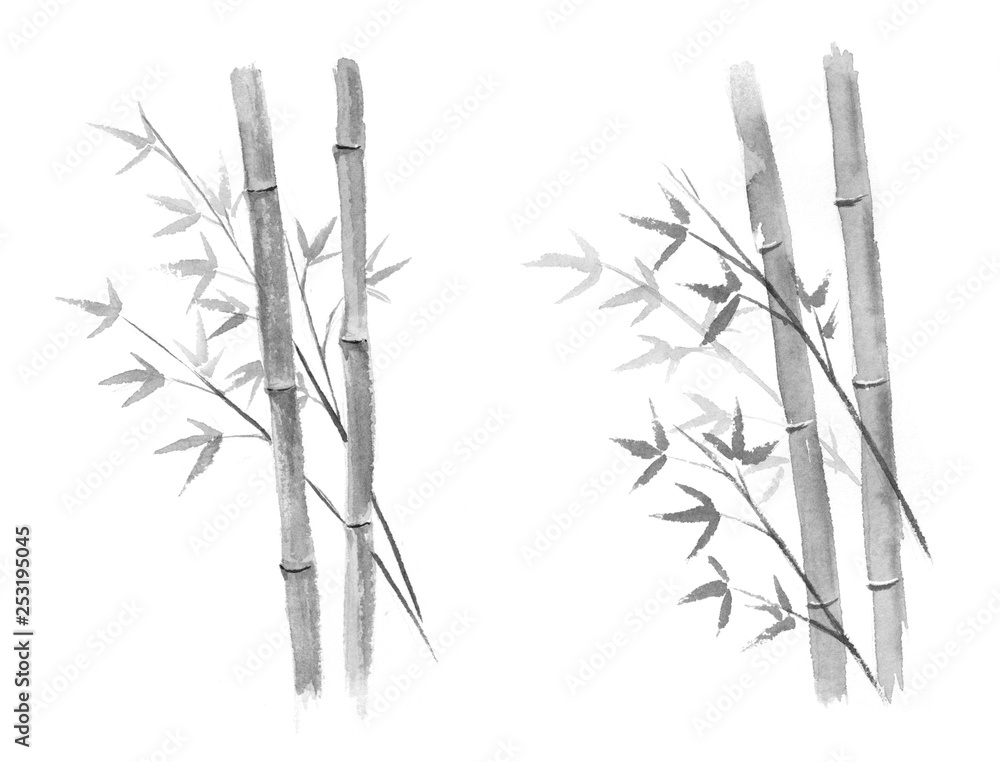 Ilustración de Stock 竹 水墨画 白黒 | Adobe Stock