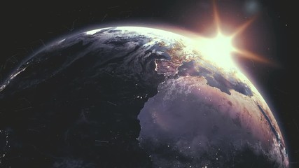 Wall Mural - realistic sunrise over planet earth 3d animation. sunrise view with digital data grid. globe lits up