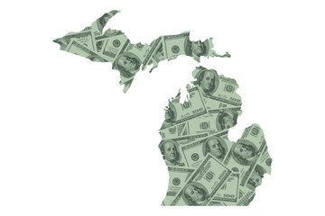 michigan map and money, hundred dollar bills