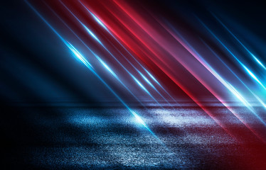 Poster - Dark empty stage, multicolored rays of neon searchlight, wet asphalt, smoke, night shooting, bokeh color.